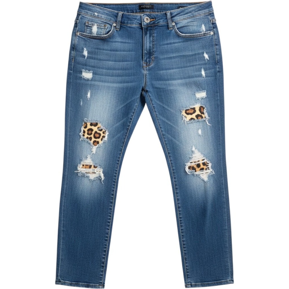Judy Blue Jeans Womens 22W Blue Leopard Print Patch Skinny Distressed Denim